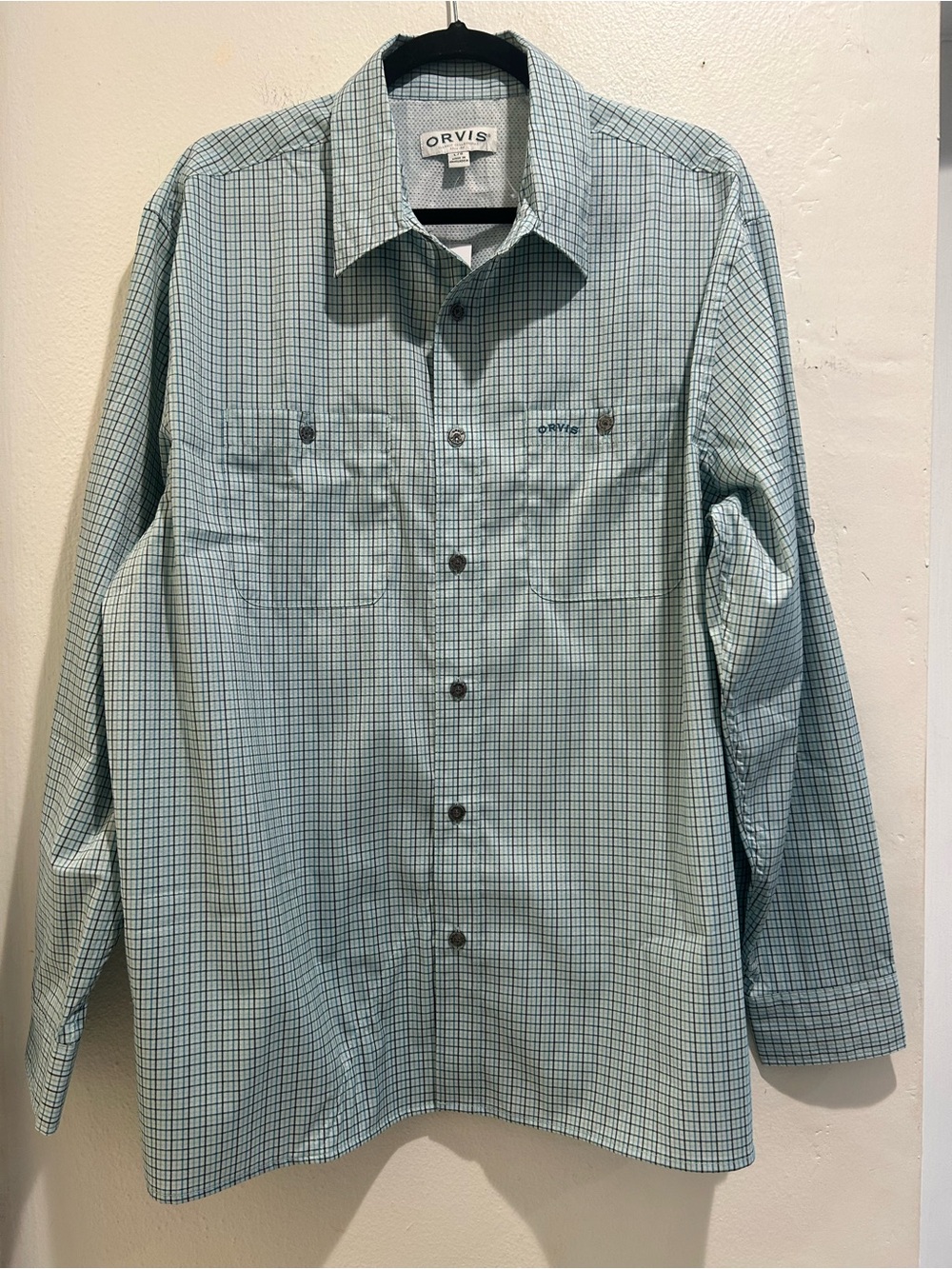 Orvis Men’s Light Green and Navy Check Button-Down Shirt
